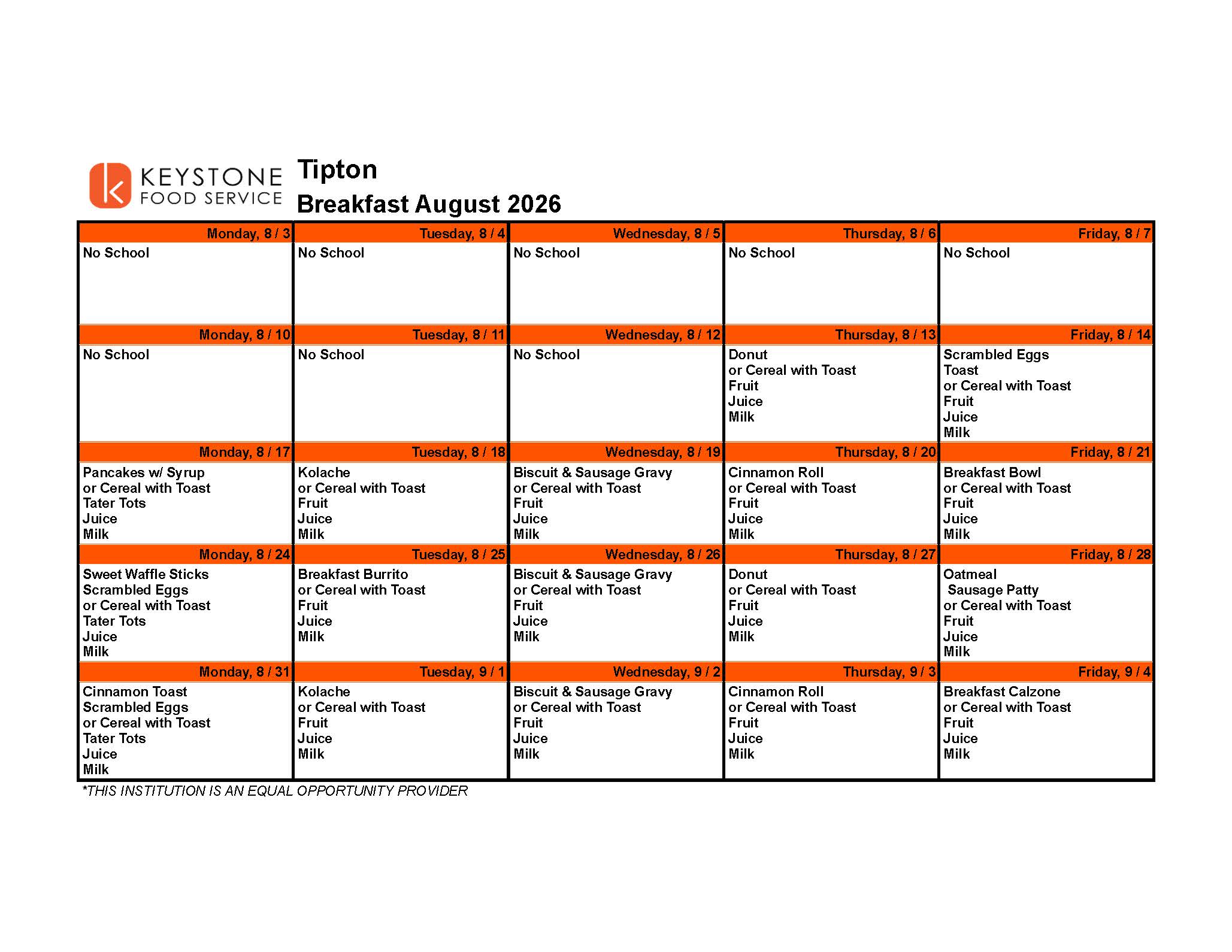 August Menus
