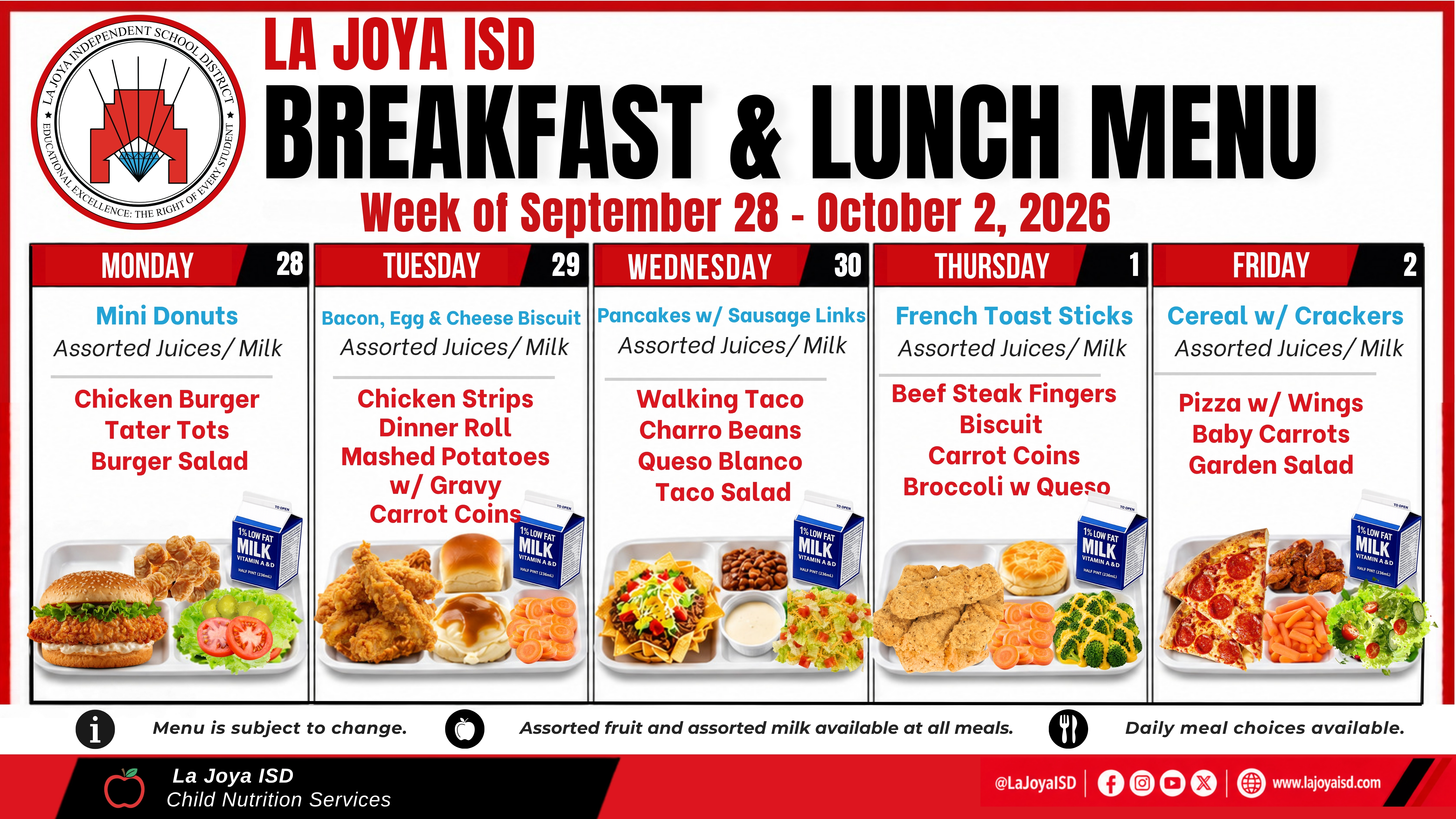 🍎🍽️ La Joya ISD Families, the Breakfast & Lunch Menu for the week of September 28–October 2 is here!