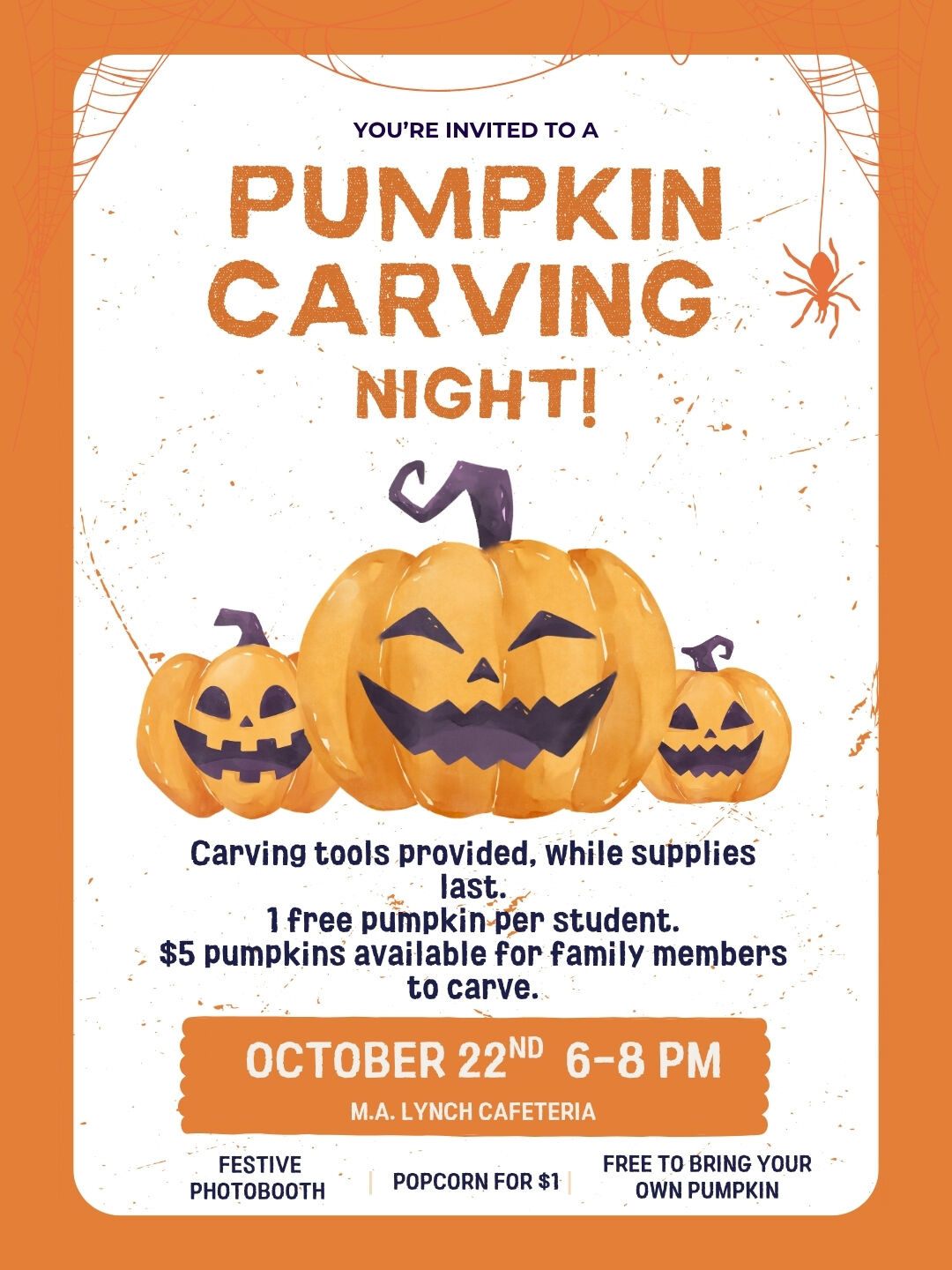 A festive flyer for a Pumpkin Carving Night on October 22nd, featuring carved pumpkins and event details.