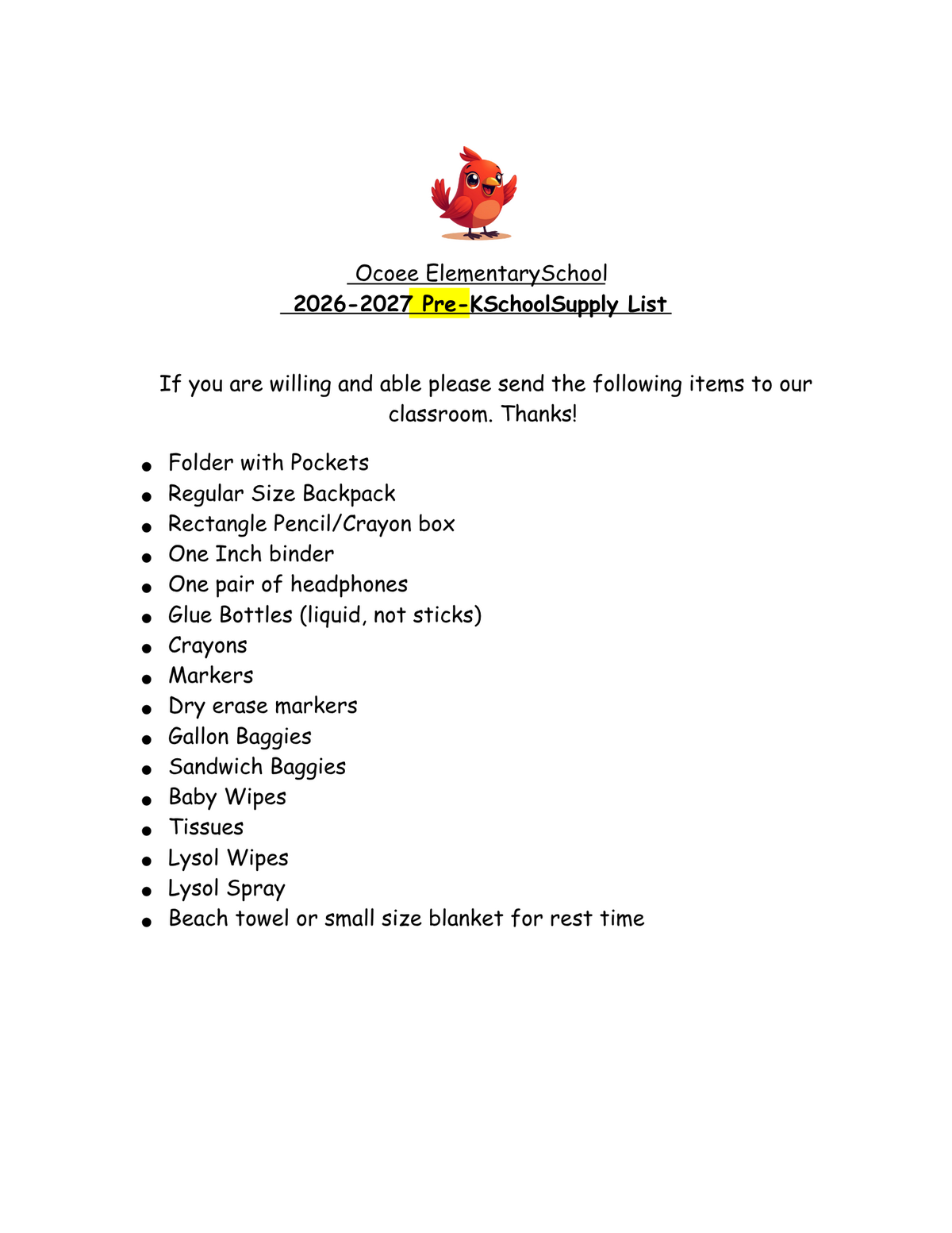 Ocoee Elementary School's 2026-2027 Pre-K supply list with items like backpacks, crayons, and tissues.