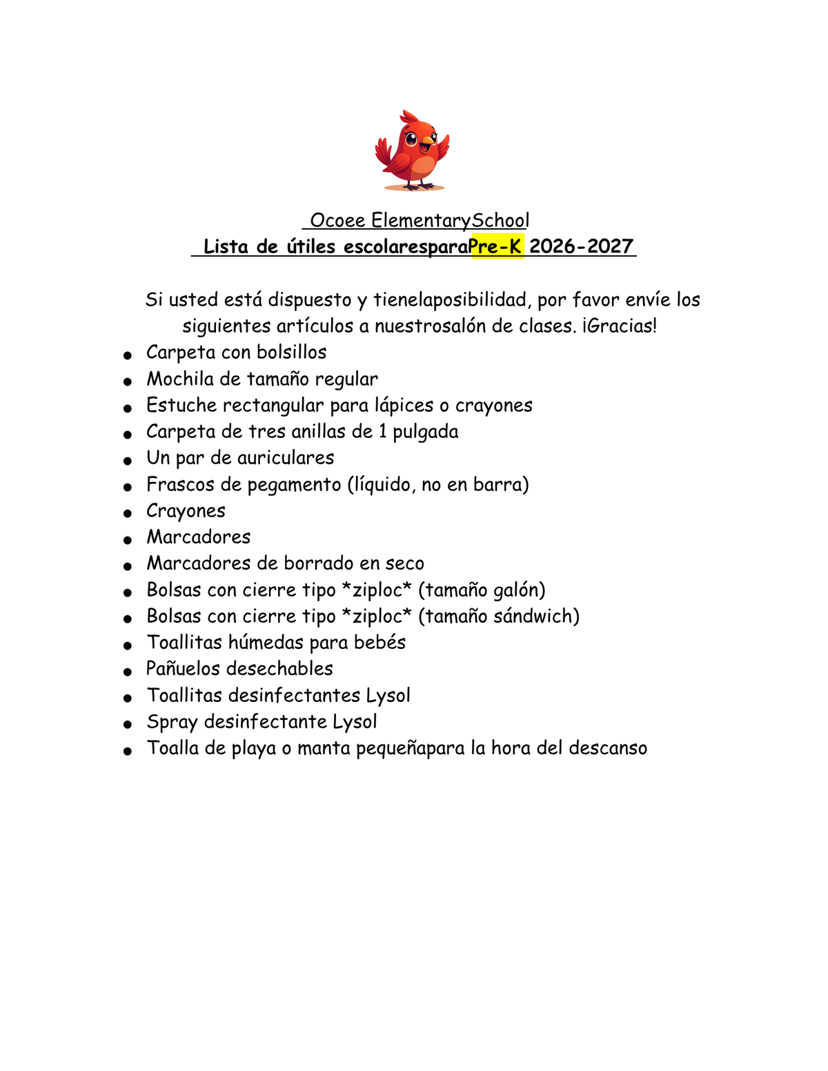 Ocoee Elementary School list of school supplies for Pre-K 2026-2027.