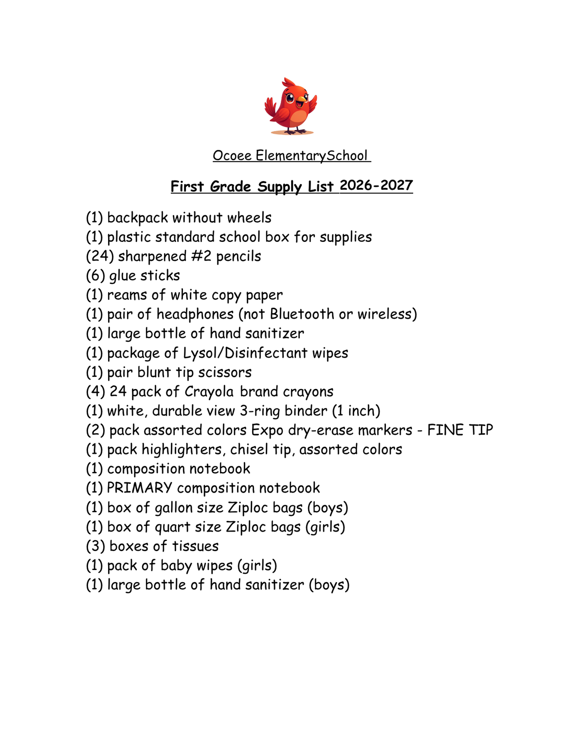 Ocoee Elementary School's First Grade Supply List for 2026-2027, featuring a cartoon bird.