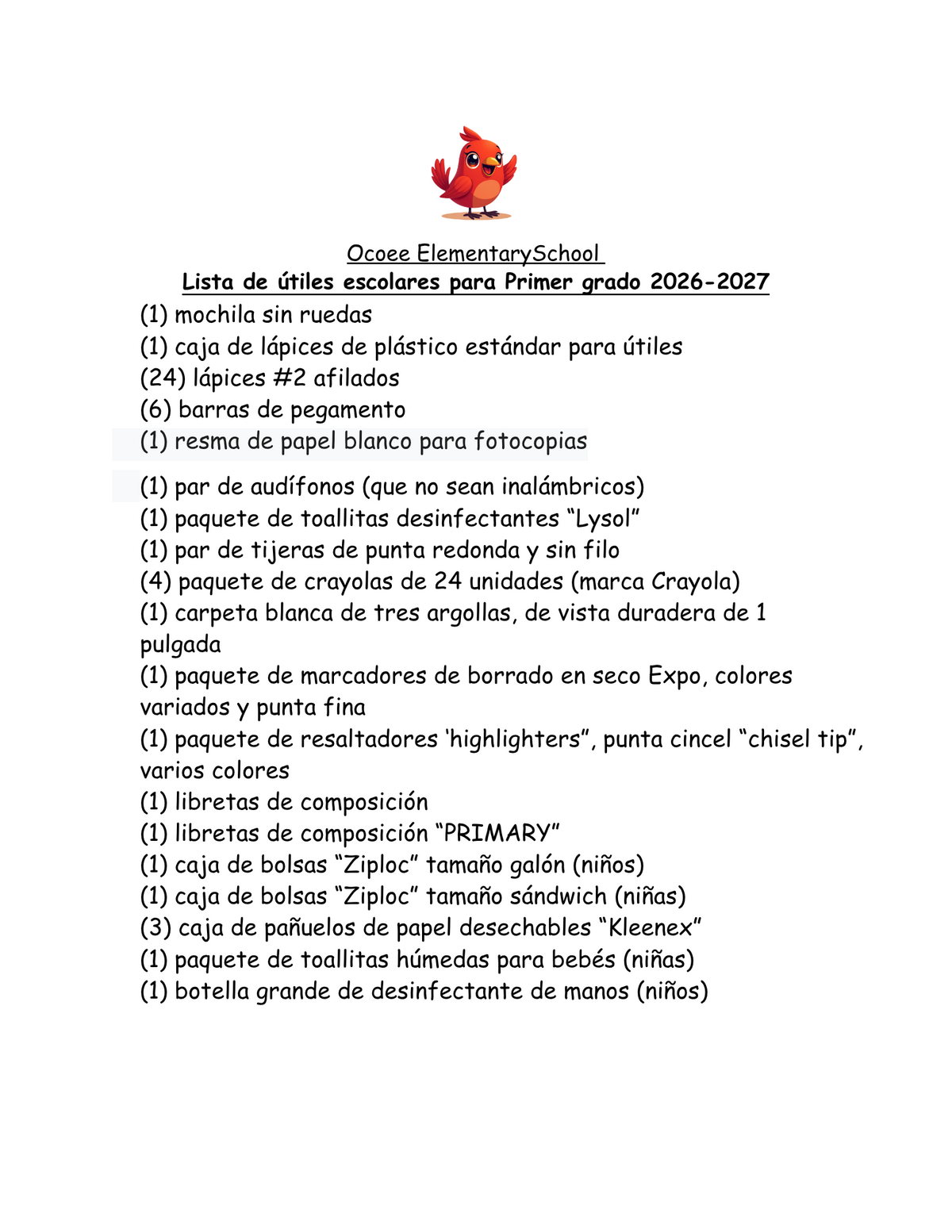 Ocoee Elementary School list of school supplies for first grade 2026-2027.