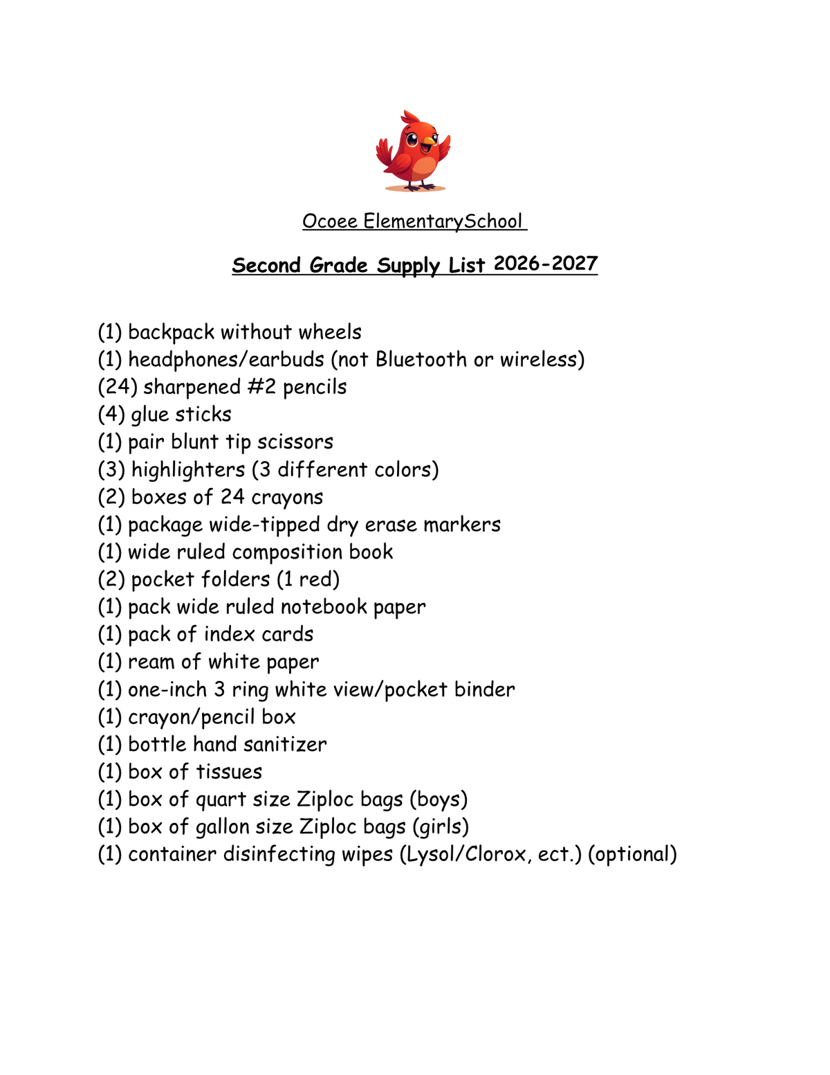 Ocoee Elementary School's Second Grade Supply List for 2026-2027.