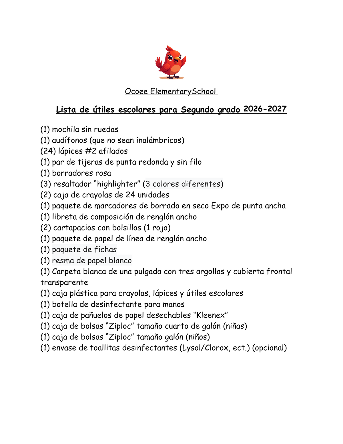 A school supply list for second grade at Ocoee Elementary School for the 2026-2027 school year.