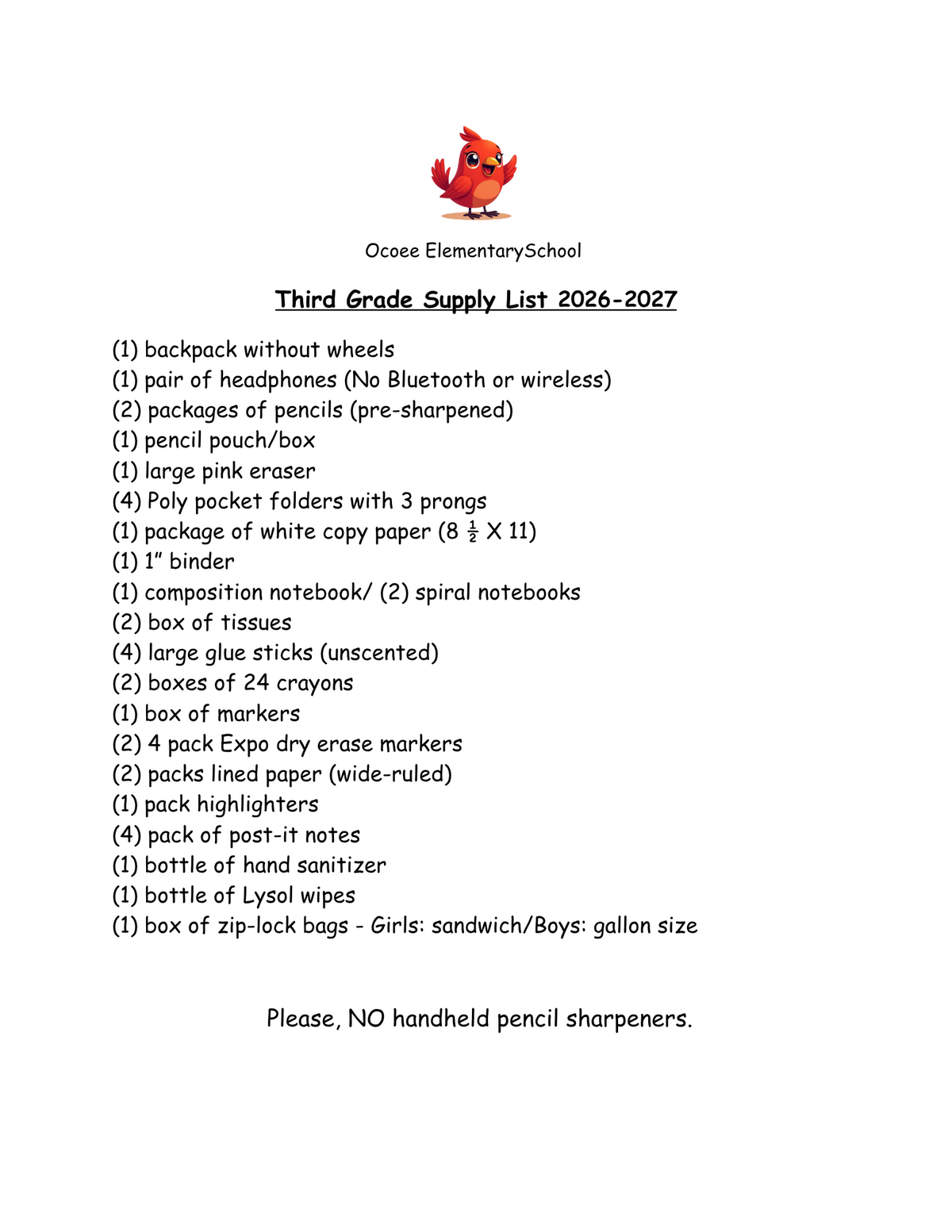 Ocoee Elementary School's Third Grade Supply List for 2026-2027, featuring school supplies.