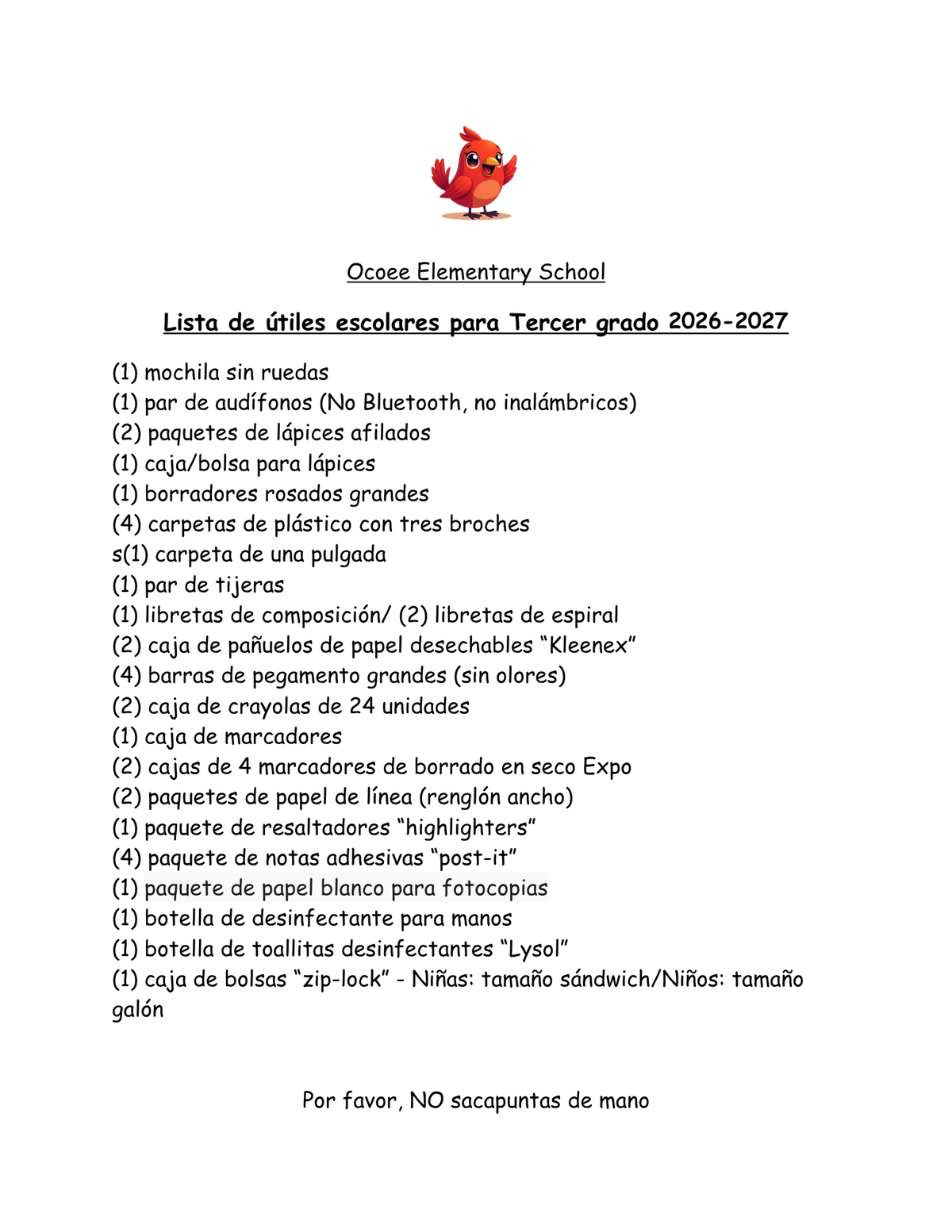 Ocoee Elementary School list of school supplies for Third Grade 2026-2027.