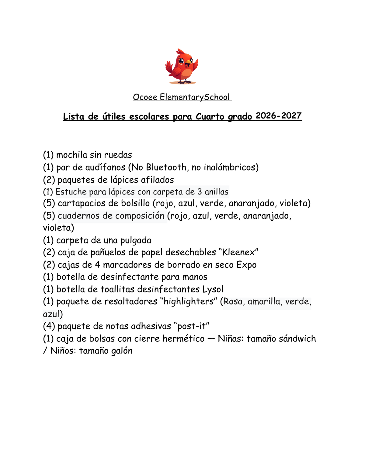 Ocoee Elementary School list of school supplies for Fourth Grade 2026-2027.