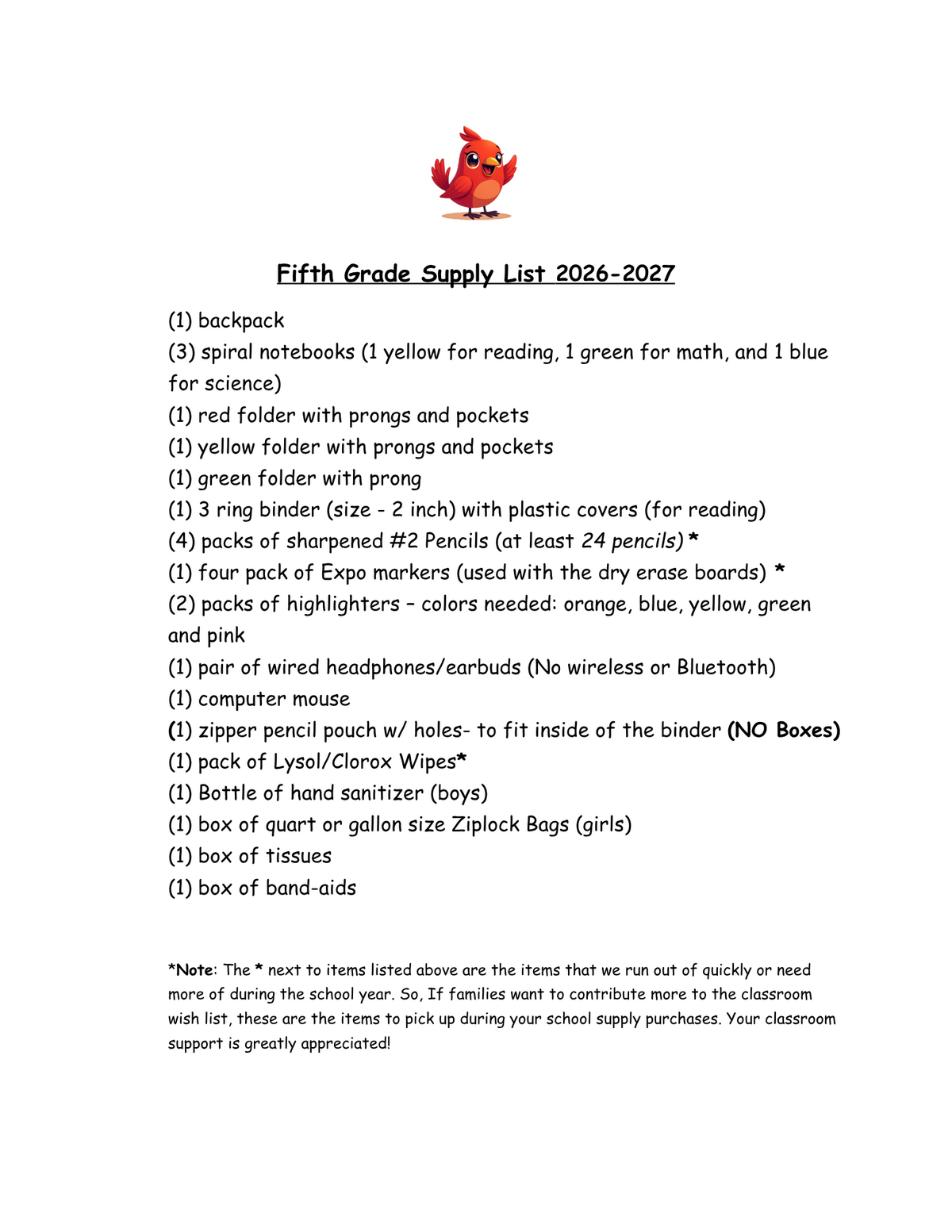 A document titled 'Fifth Grade Supply List 2026-2027' with a list of school supplies and a cartoon bird illustration.