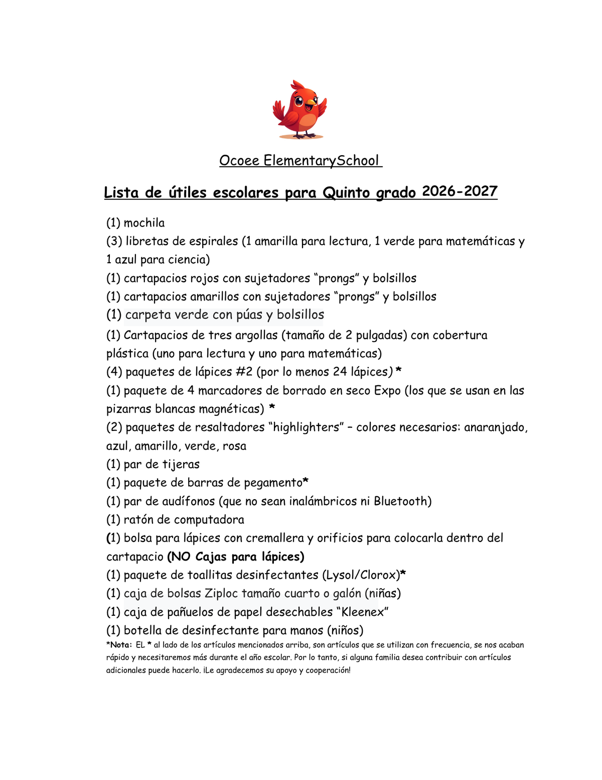 Supply Lists for Next Year