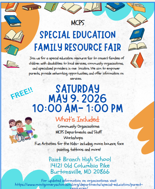 MCPS Special Education Family Resource Fair flyer, featuring books and event details.