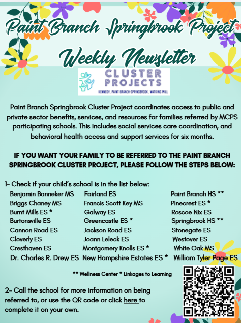 Paint Branch Springbrook Project Weekly Newsletter with information on referral steps.