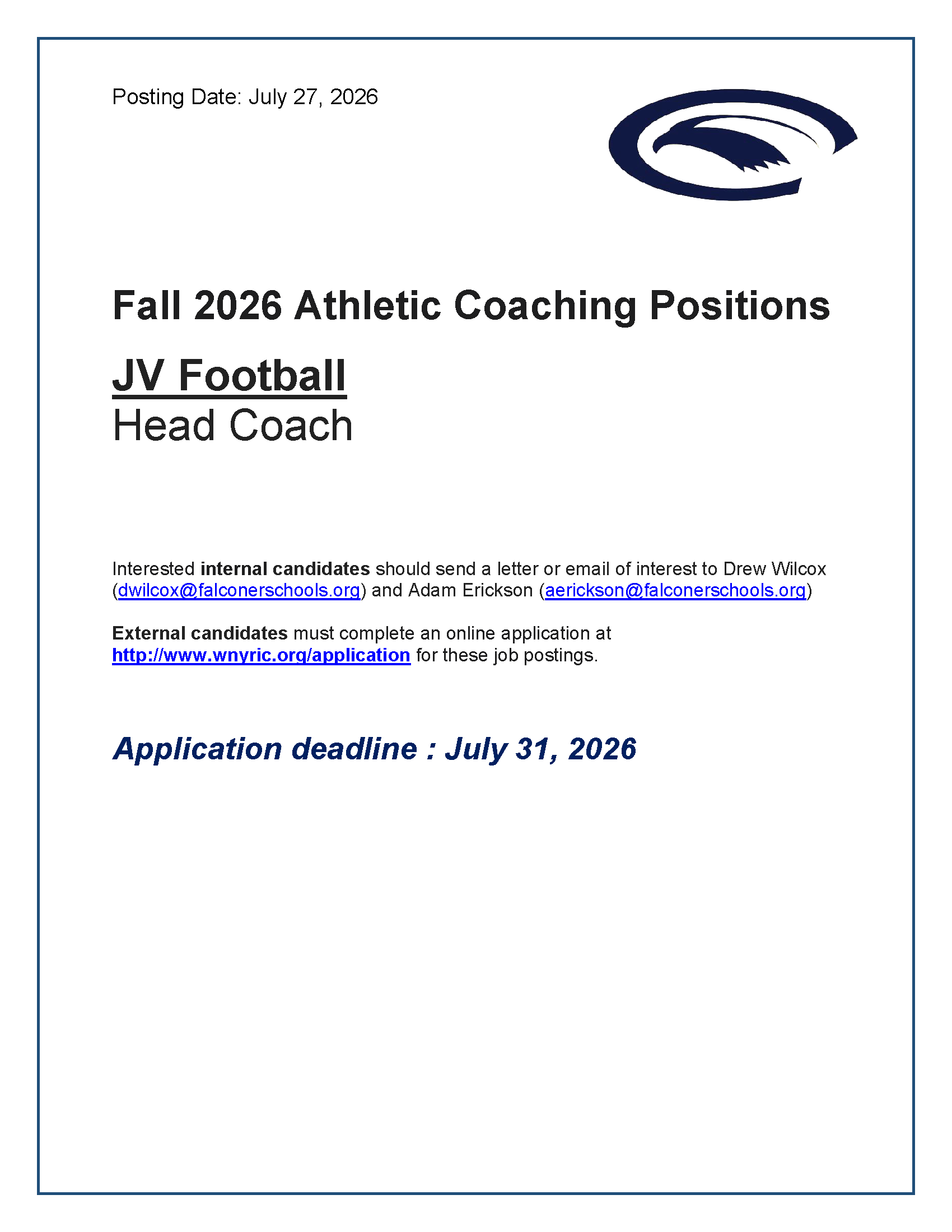 JV Football Head Coach Applications