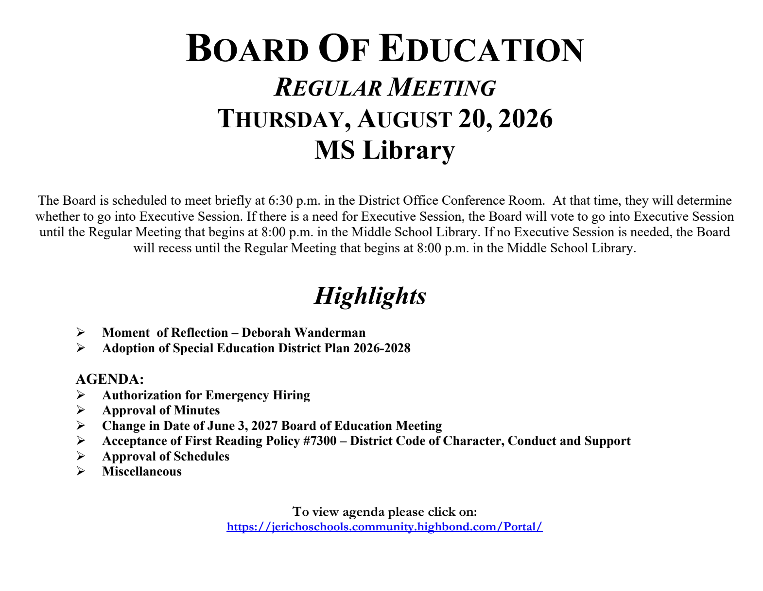 BOARD OF EDUCATION REGULAR MEETING Thursday, August 20, 2026 Middle School Library