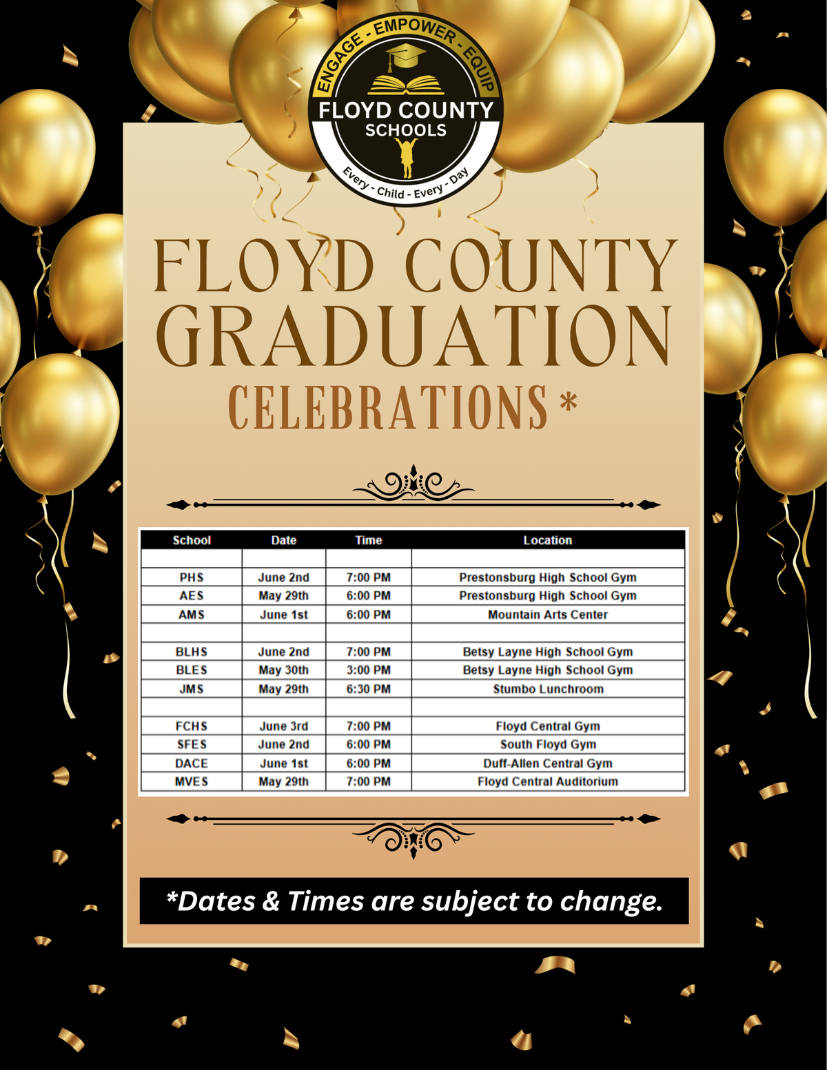 Graduation Times and Locations