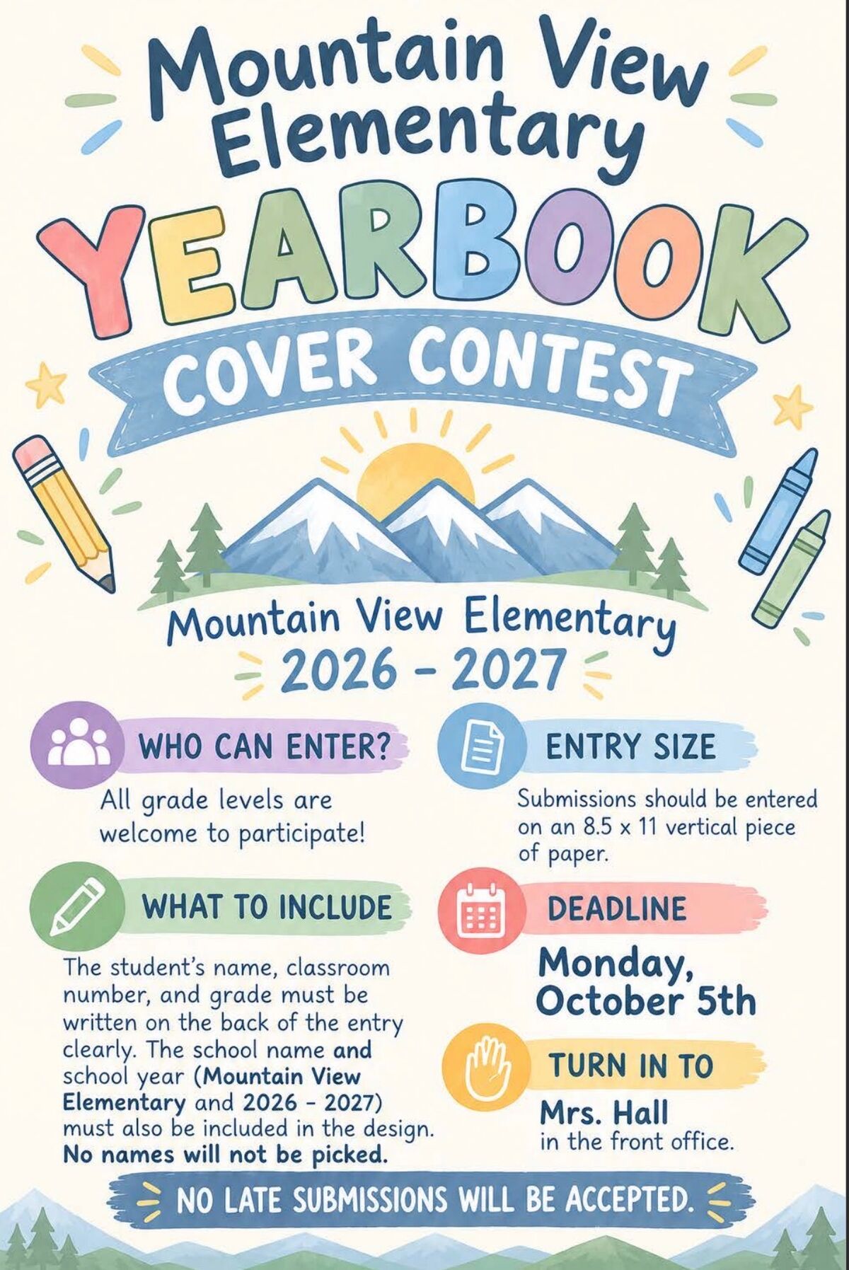 A colorful flyer announces the Mountain View Elementary 2026-2027 Yearbook Cover Contest, featuring mountains, pencils, and submission details.