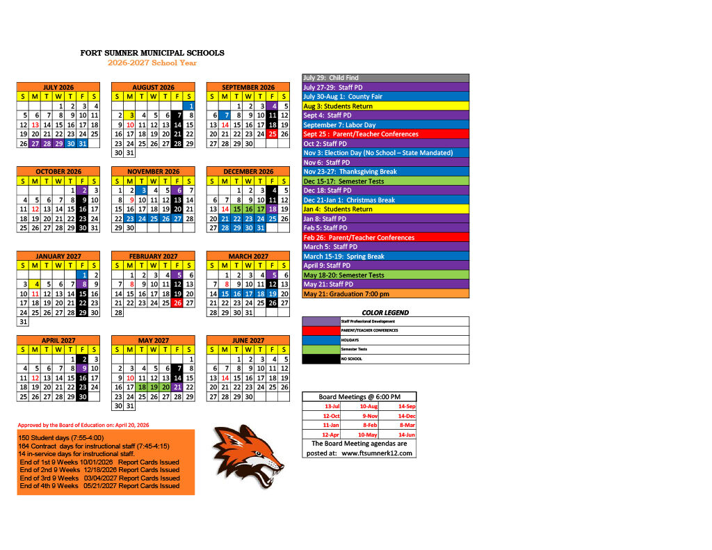 2026 - 2027 School Calendar 