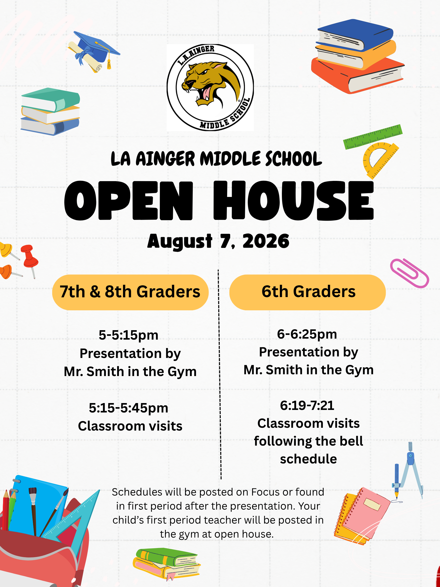 LA Ainger Middle School Open House on August 7, 2026, with separate schedules for 7th/8th graders and 6th graders.