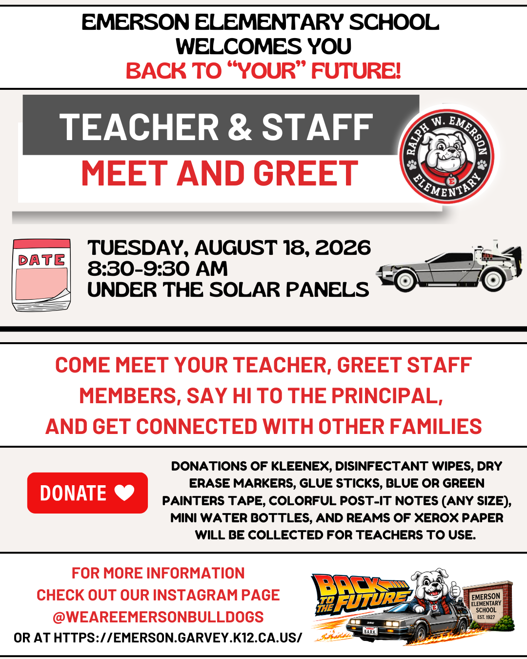 Reminder: Emerson Teacher & Staff Meet and Greet 8/18/2026 @ 8:30 am