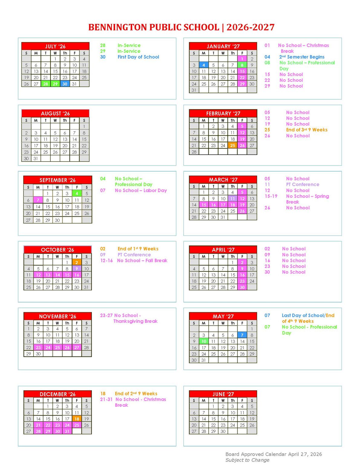 2026-2027 School Calendar