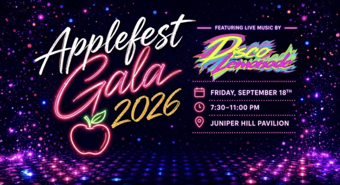 A promotional graphic for the Applefest Gala 2026, featuring a glowing apple and sparkling purple background.