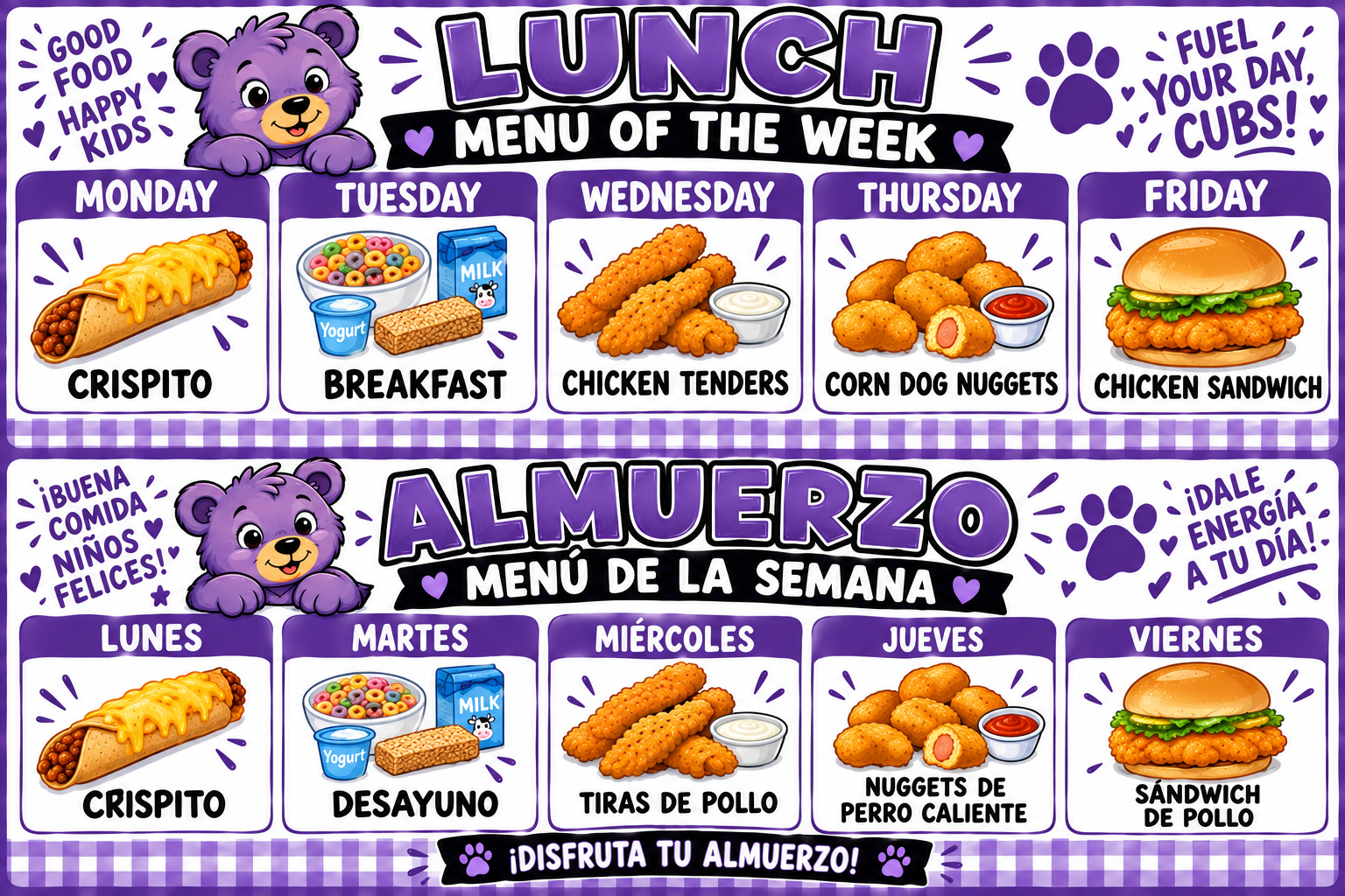 A colorful weekly school lunch menu in English features a cute purple bear graphic and different meal illustrations for Monday through Friday.