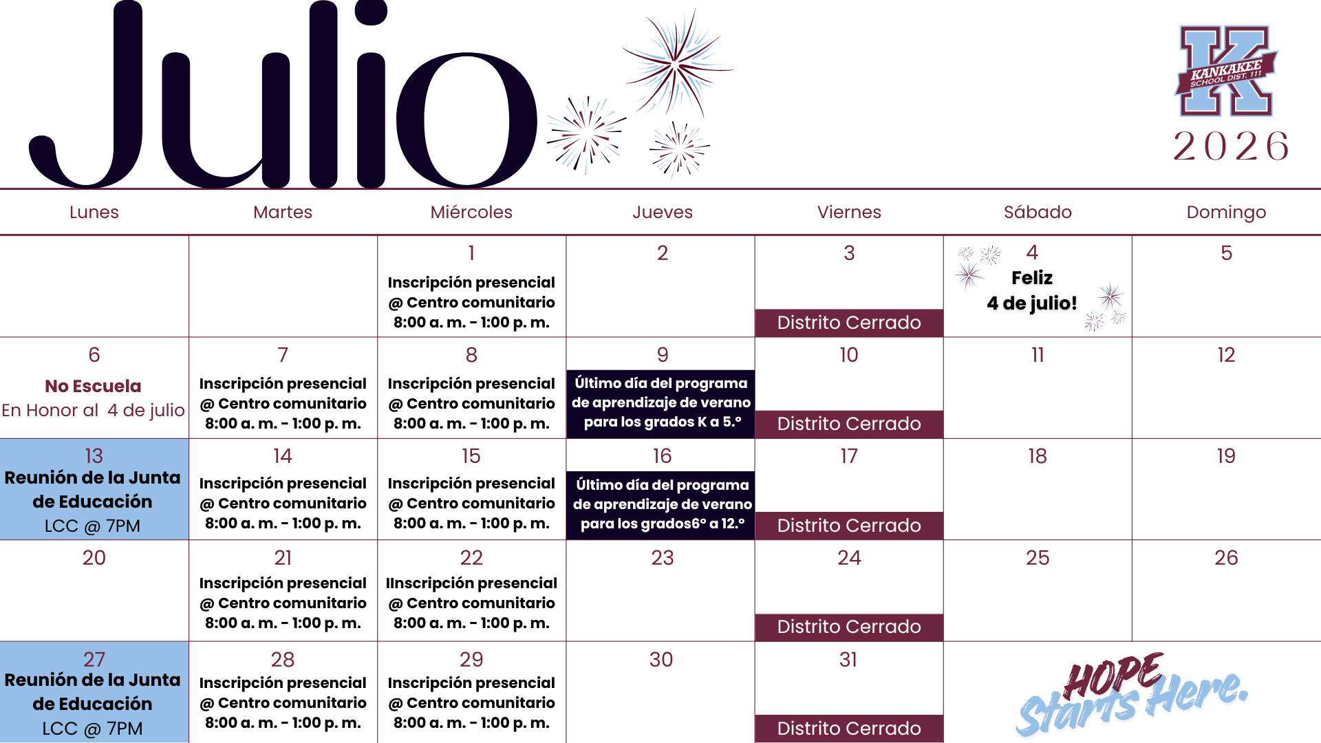 July 2026 calendar showing school events and holidays.