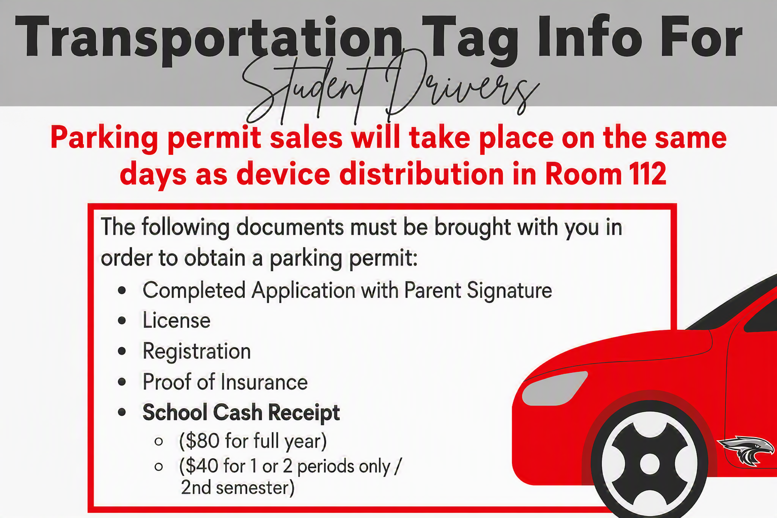 Information about transportation for student drivers. Includes requirement to purchase a Parking Permit, including completed application, license, registration, proof of insurance and receipt of payment.