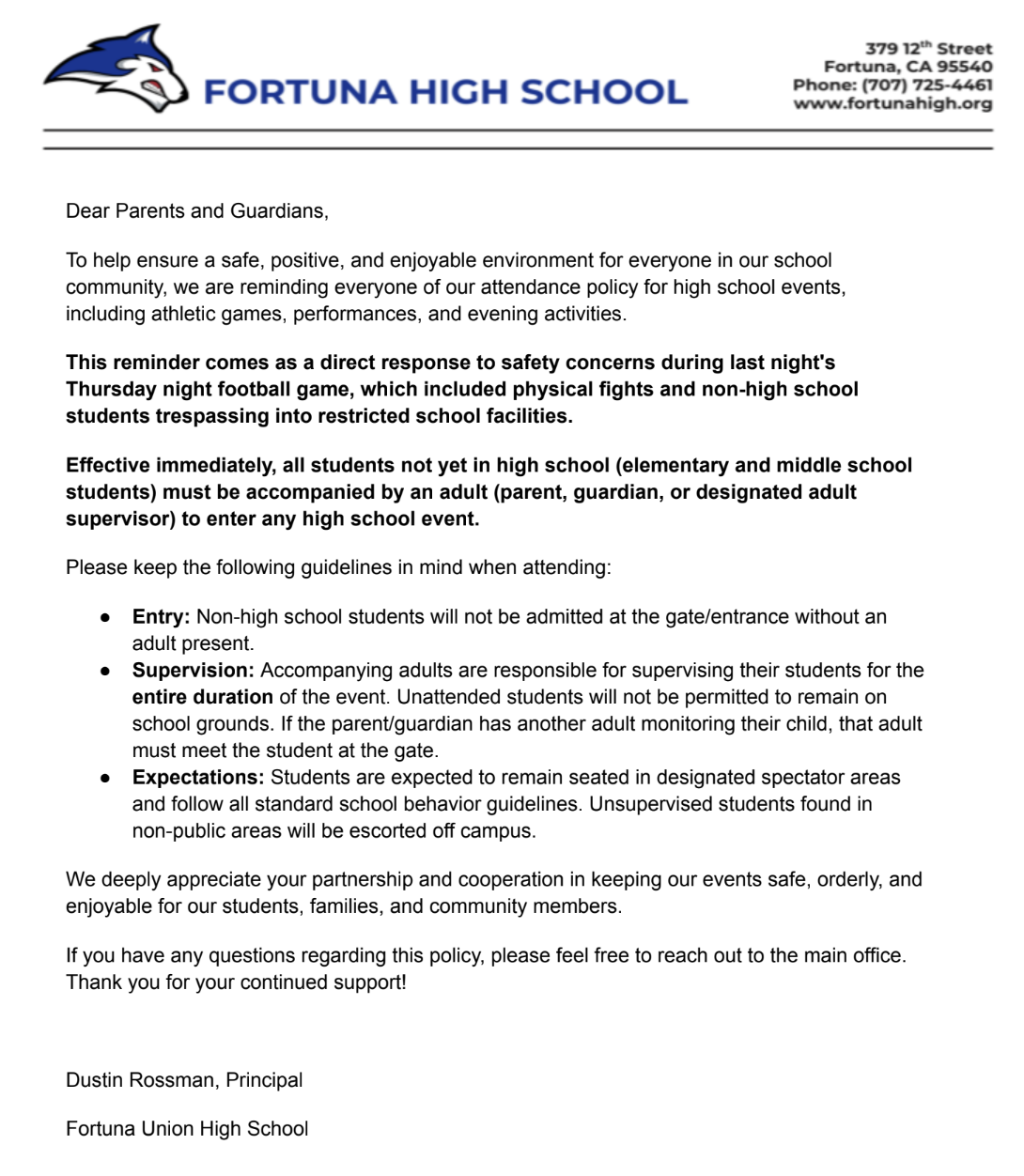 Important Notice from Fortuna High School 