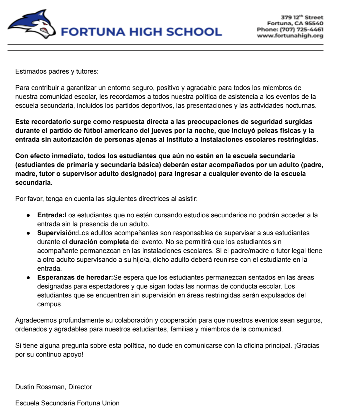 A formal Spanish-language letter from Fortuna High School detailing new attendance policies for school events.