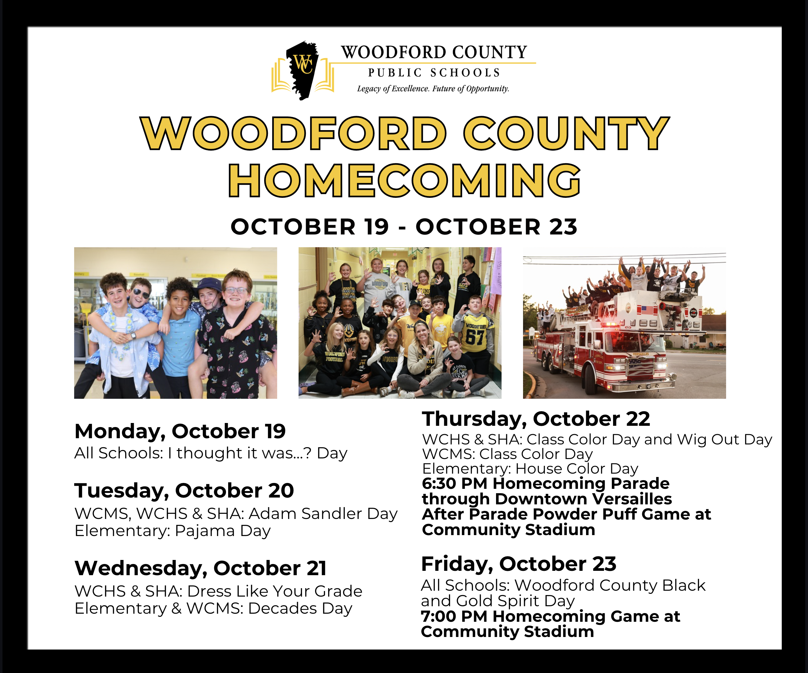 Woodford County Districtwide Homecoming Spirit Week: October 19-23 💛🤍🖤