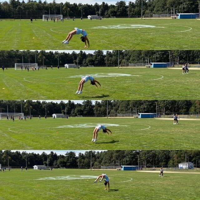 A four-panel composite image shows a cheerleader performing a backflip on a grassy sports field.
