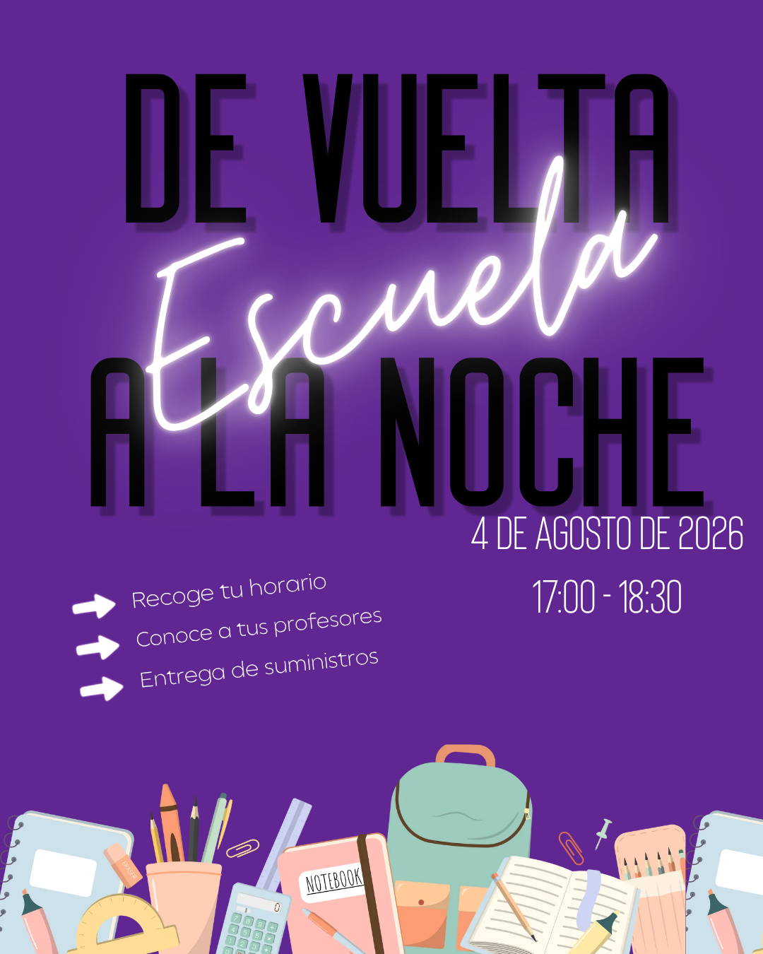 Poster announcing 'Back to School Night' on August 4, 2026, from 5:00 PM to 6:30 PM.