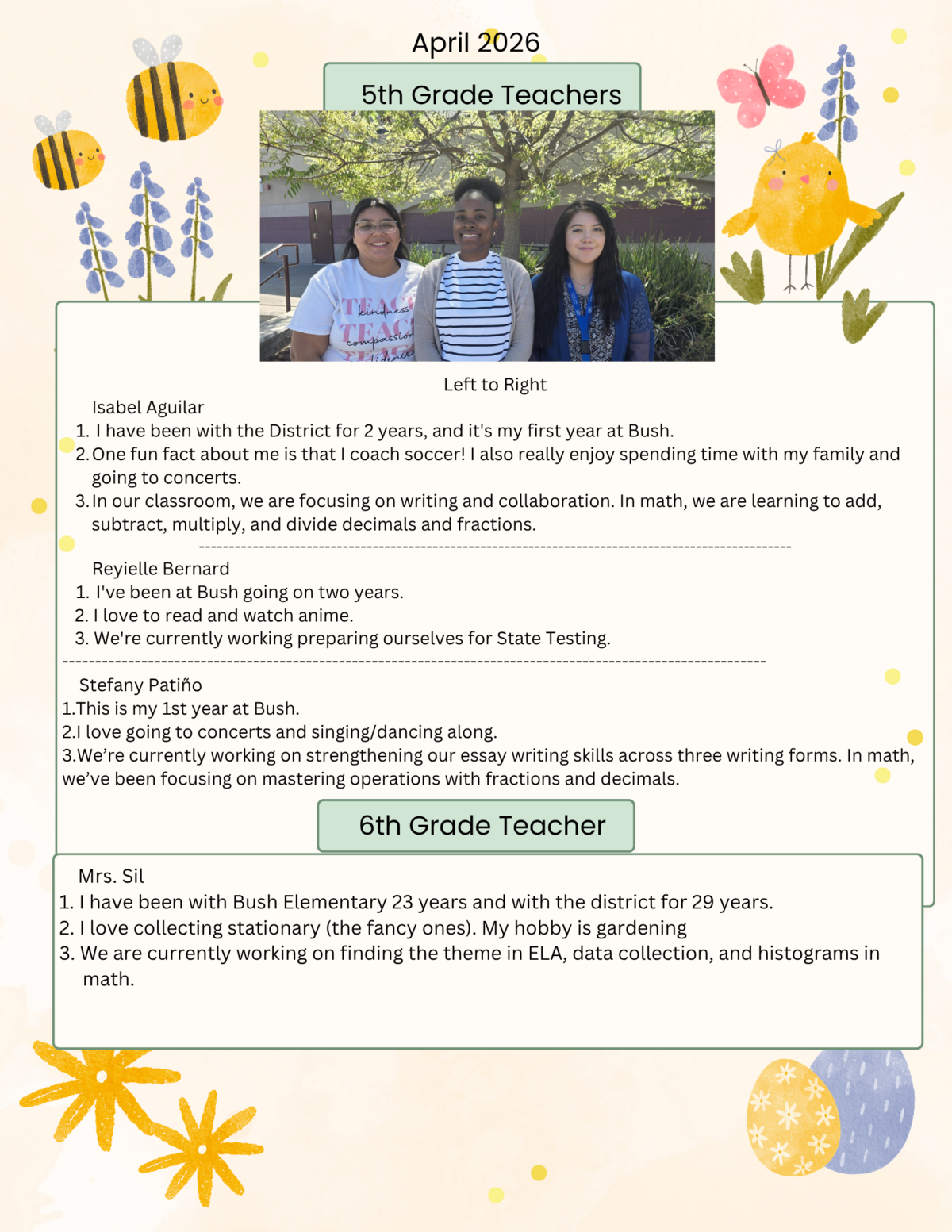 Three smiling teachers stand outside a building, identified as "5th Grade Teachers" in April 2026.