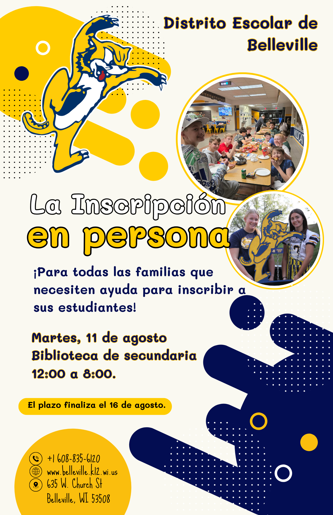 Poster for Belleville School District announcing in-person enrollment assistance on Tuesday, August 11th, from 12:00 to 8:00 PM at the Secondary Library.