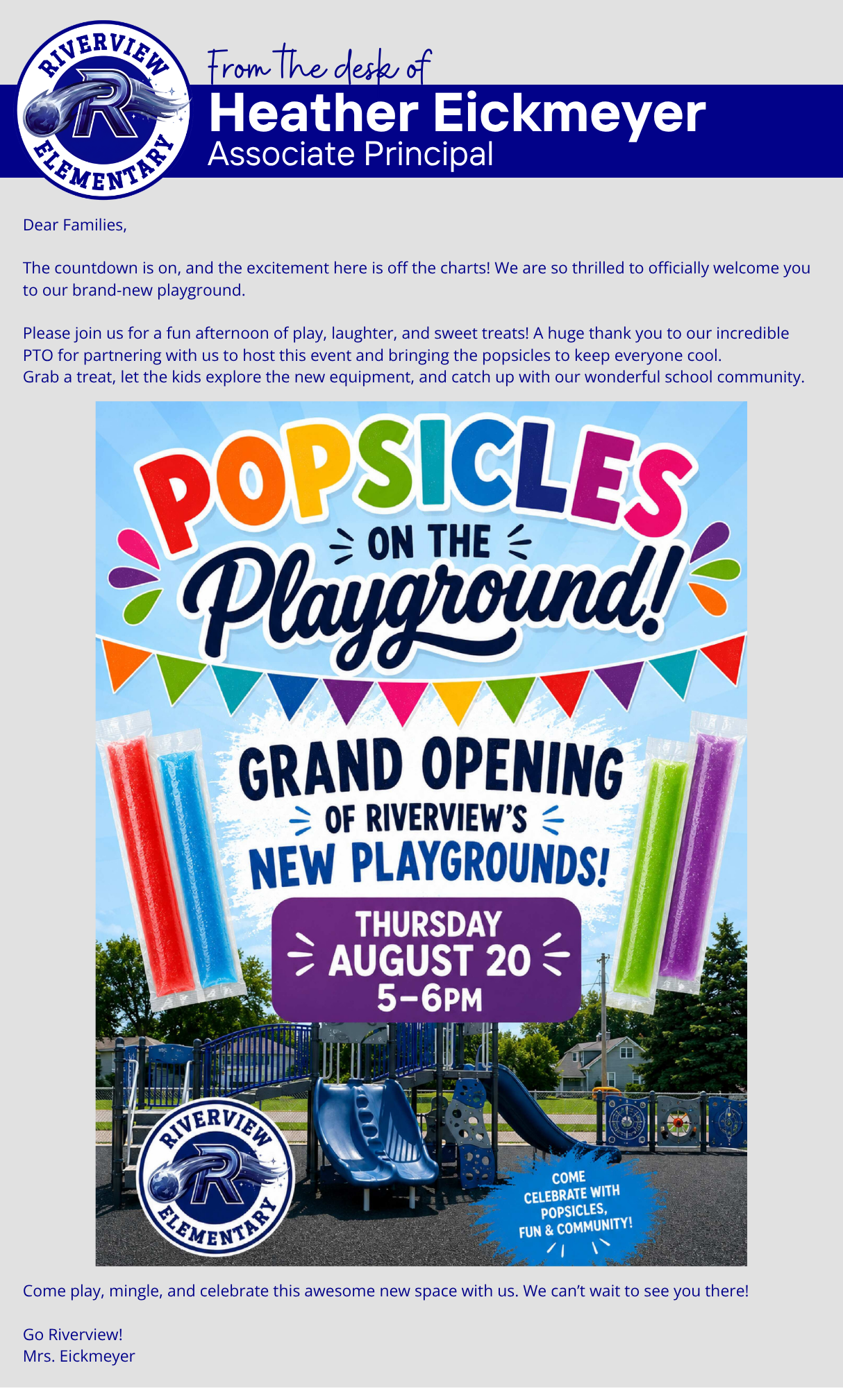 An announcement for Riverview Elementary's 'Popsicles on the Playground' Grand Opening event.