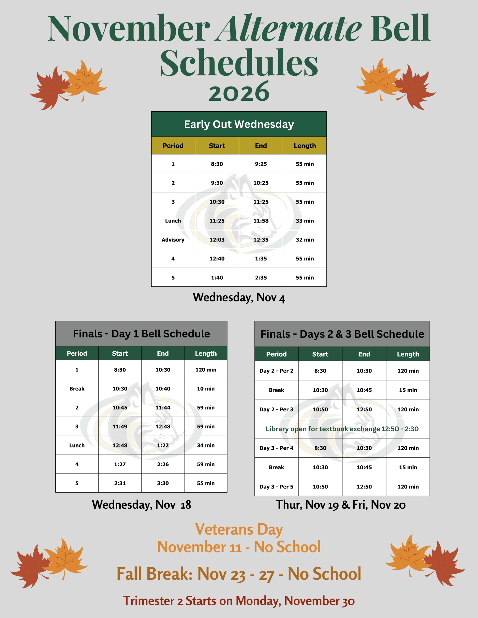 November 2026 Alternate Bell Schedules