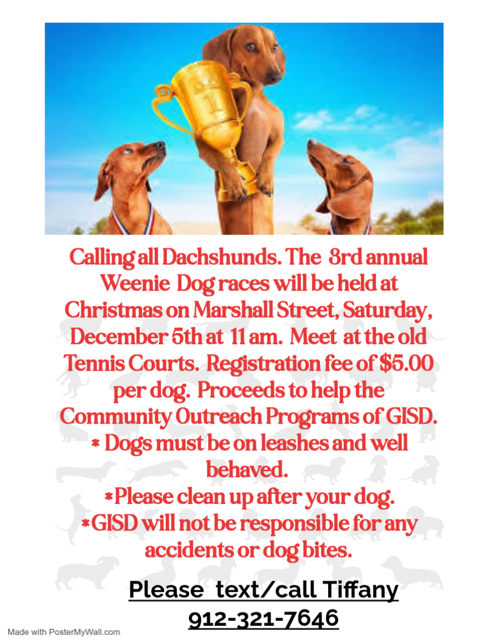 A promotional poster for the 3rd annual Weenie Dog races featuring three dachshunds and event details in red text.