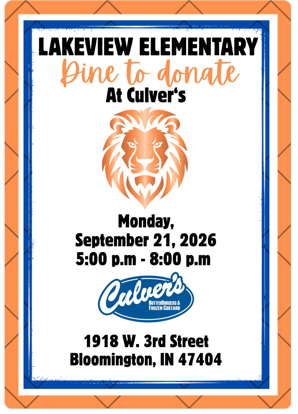 Lakeview Elementary School's 'Dine to Donate' event at Culver's on Monday, September 21, 2026, from 5:00 PM to 8:00 PM.