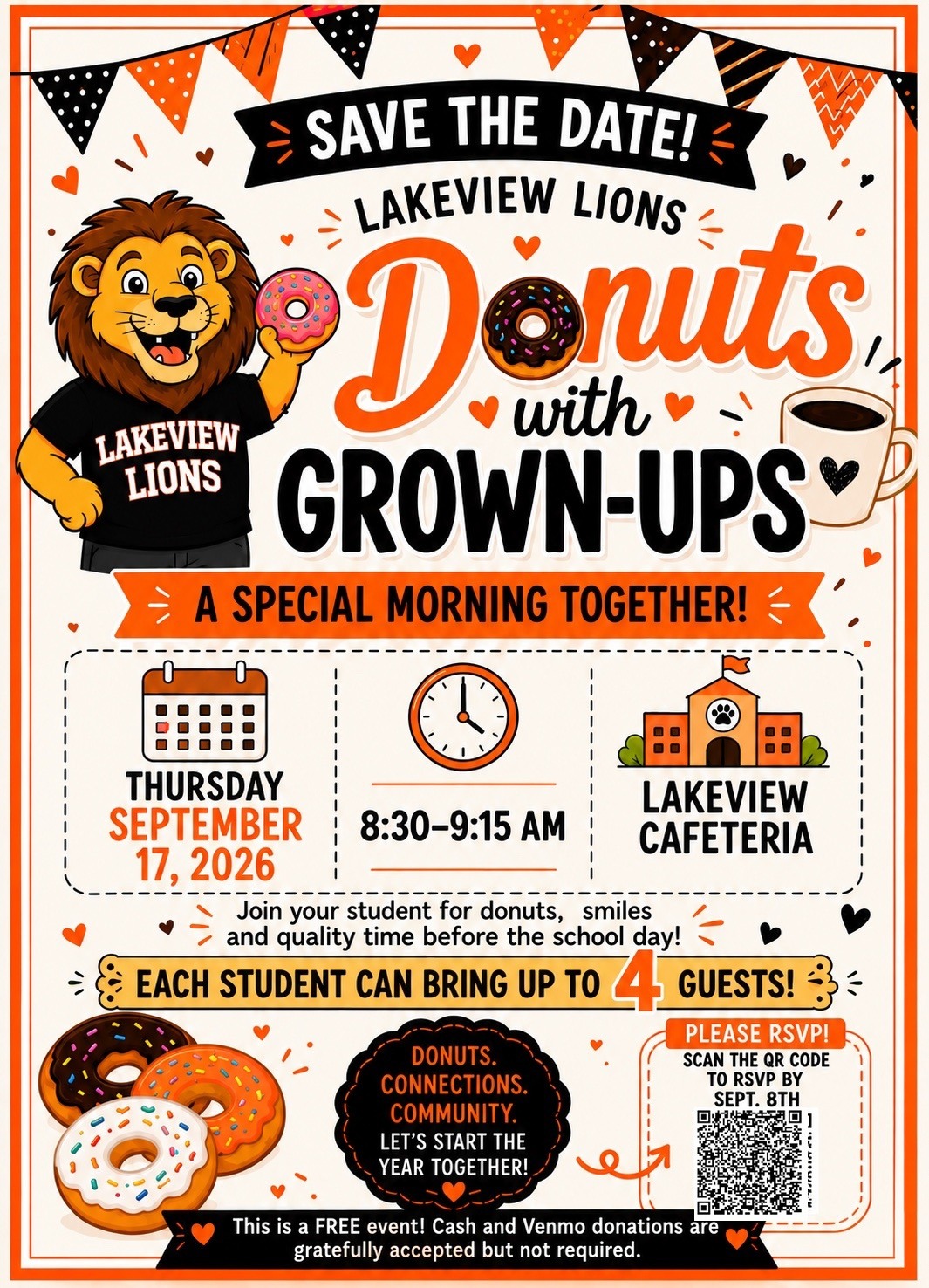 Lakeview Lions 'Donuts with Grown-Ups' event flyer with a cartoon lion mascot holding a donut.