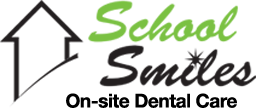 Logo for School Smiles, featuring a house outline and the text 'School Smiles On-site Dental Care'.