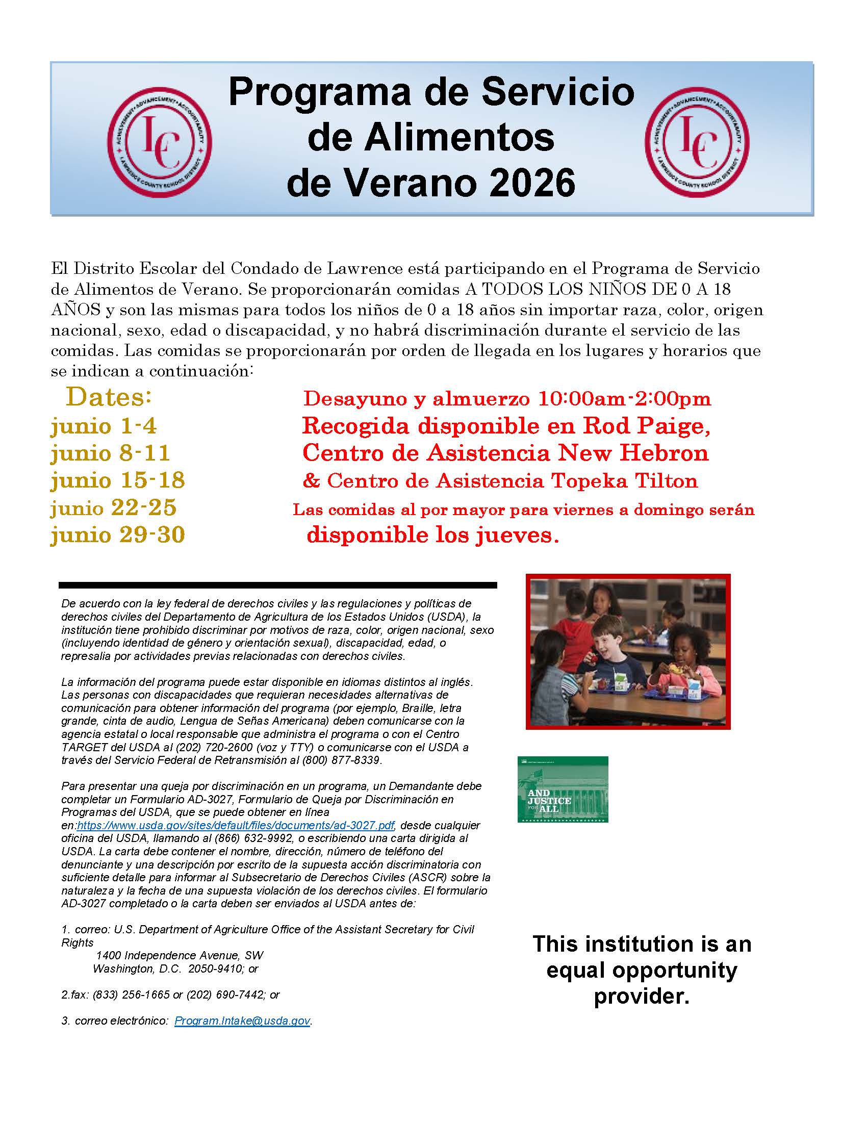 A flyer announces the "Programa de Servicio de Alimentos de Verano 2026" (Summer Food Service Program 2026) with dates and times for meal pickup.