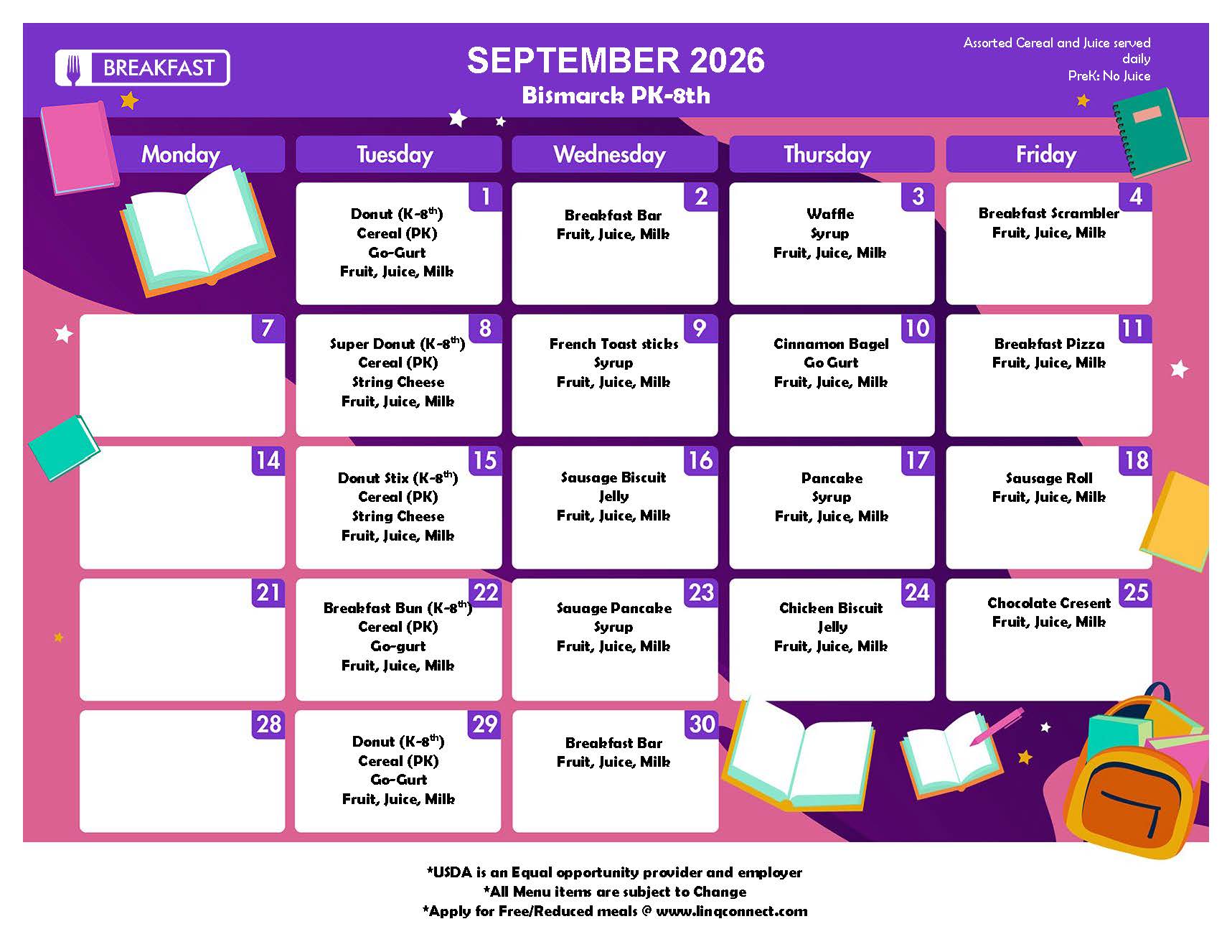 PreK - 8th Grade September Menus