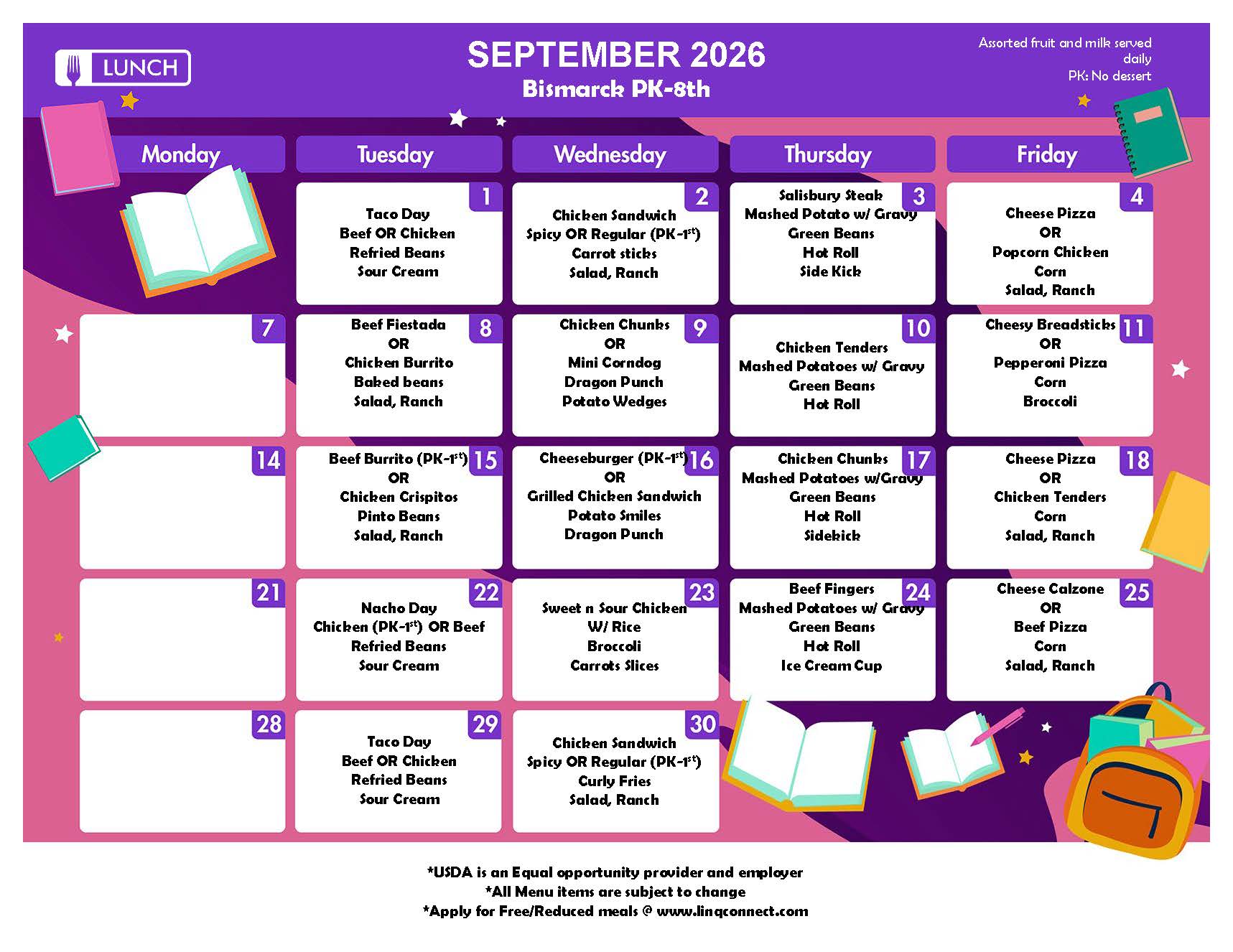 A school lunch menu for September 2026, featuring daily meal options from Monday through Friday on a purple background.