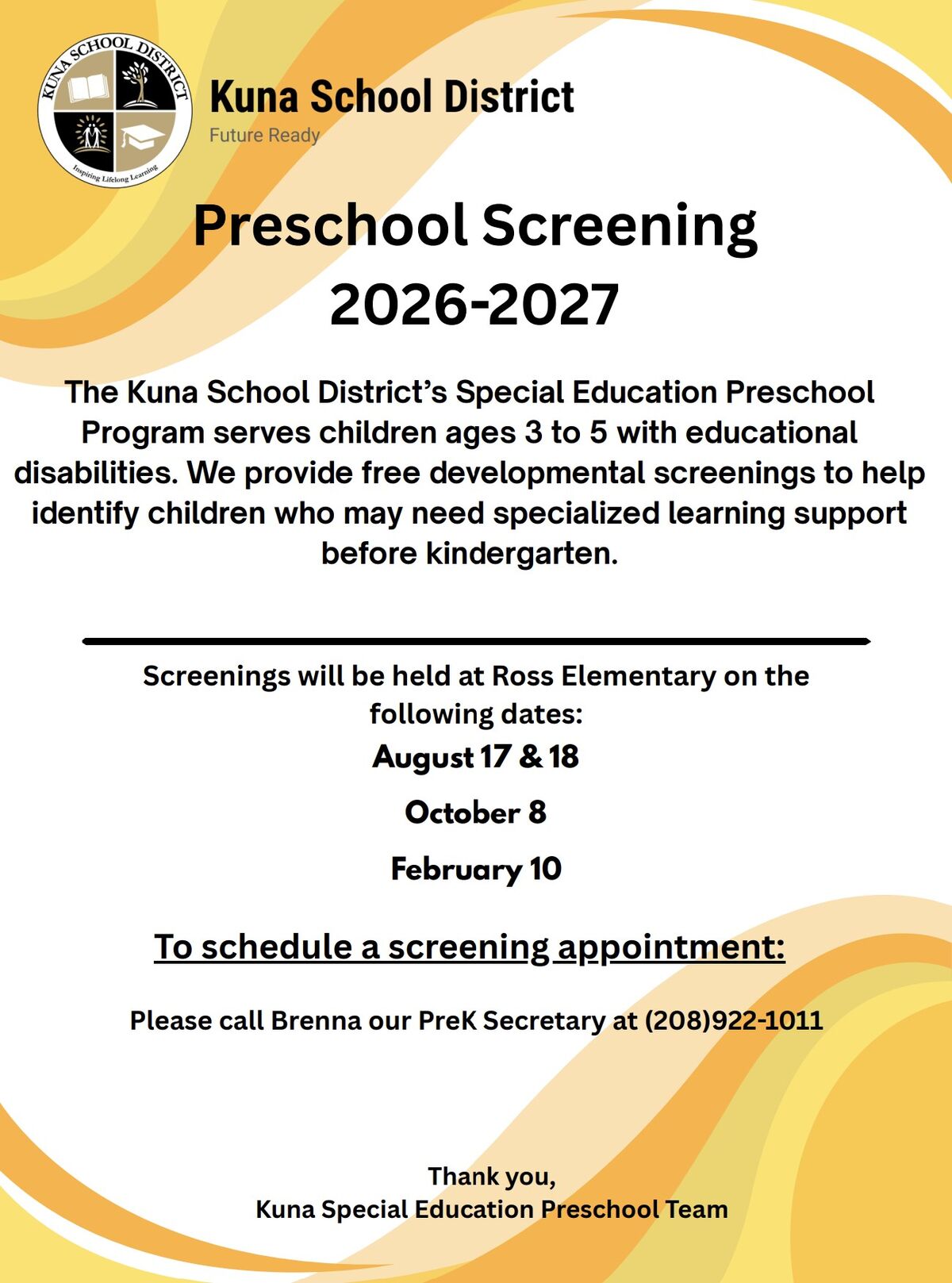 Free Preschool Developmental Screenings: August, October, February 