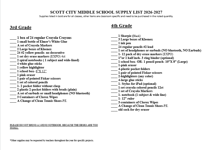 2026-2027 SCMS School Supply Lists