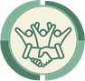 An icon depicting three stylized figures with arms raised in celebration, shaking hands below.