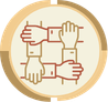 Four hands clasped together in a square formation, symbolizing teamwork and unity.