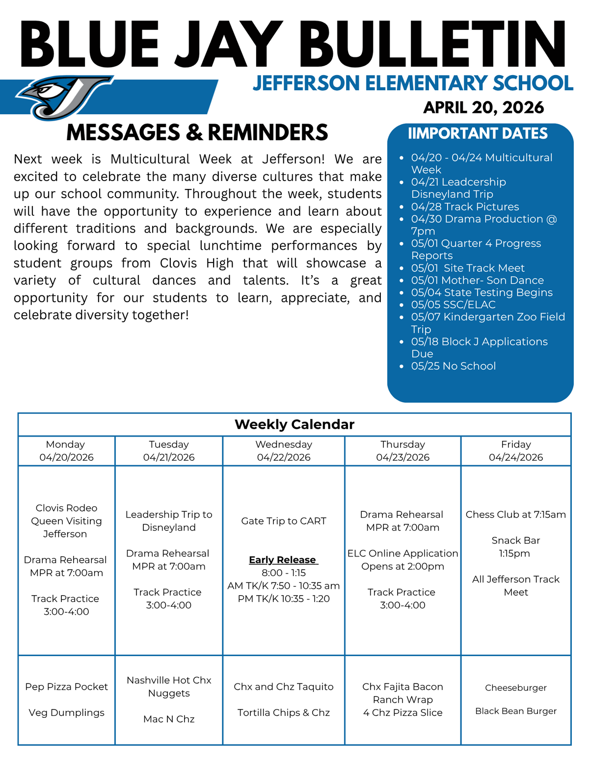 Blue Jay Bulletin ~ Week of April 20, 2026