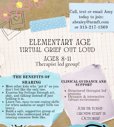 A colorful flyer for an elementary age virtual grief group for kids ages 8-11, led by a therapist.